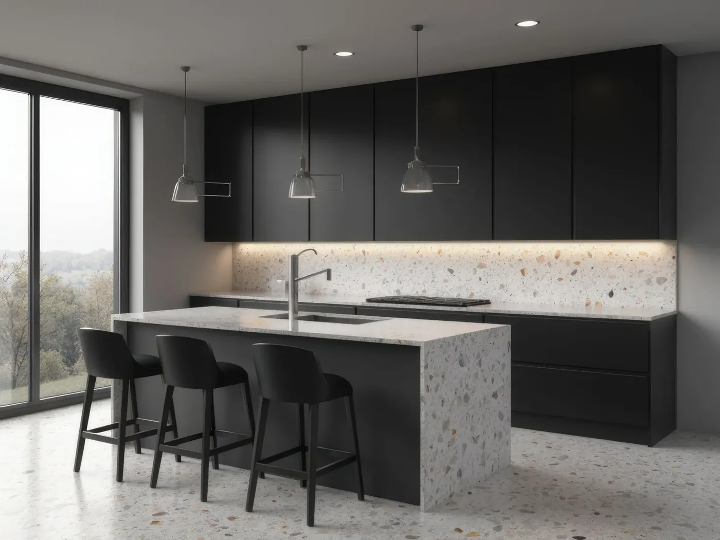 Cucina con isola e top in terrazzo carrarino configurato su MarmoGranito