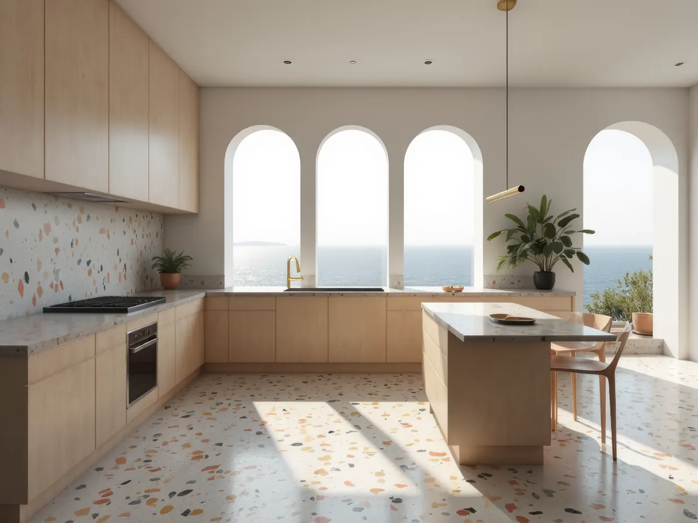 Cucina con pavimento e rivestimenti in terrazzo alla veneziana, Terrazzo Italiano